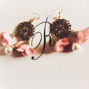 Pink Flowered Pearl Round Dangly Earrings